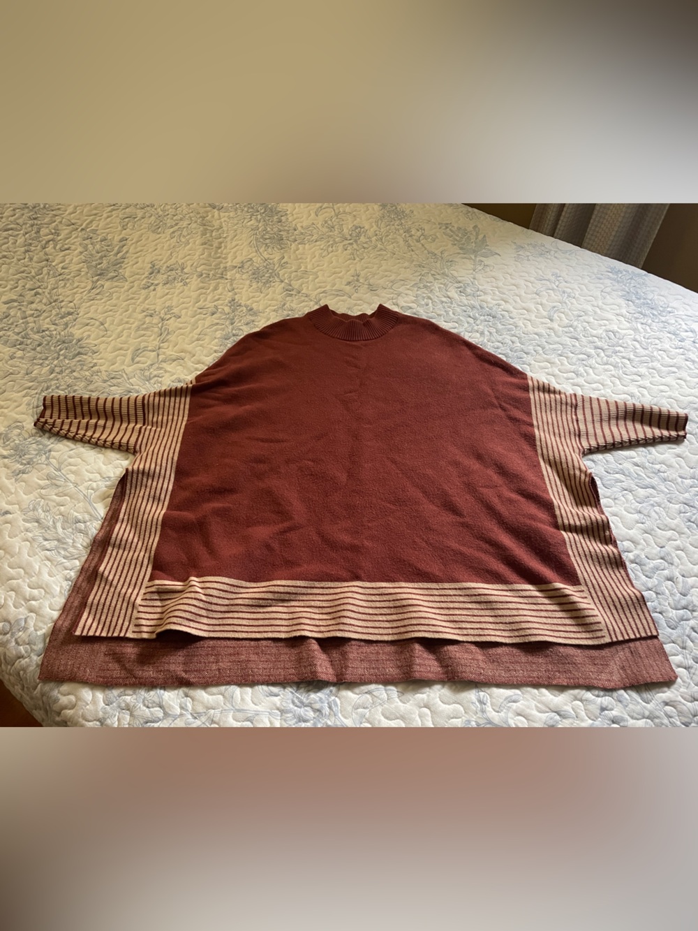 Women’s Rust and Cream Striped Hem poncho sweater